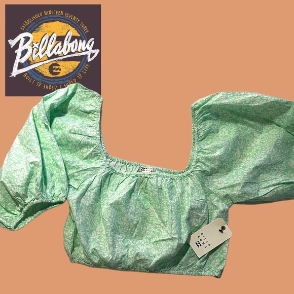 BILLABONG Tropic Sun Woven Blousen Sleeve Smocked-Back Cotton Crop Top-LG NWT - Picture 8 of 13